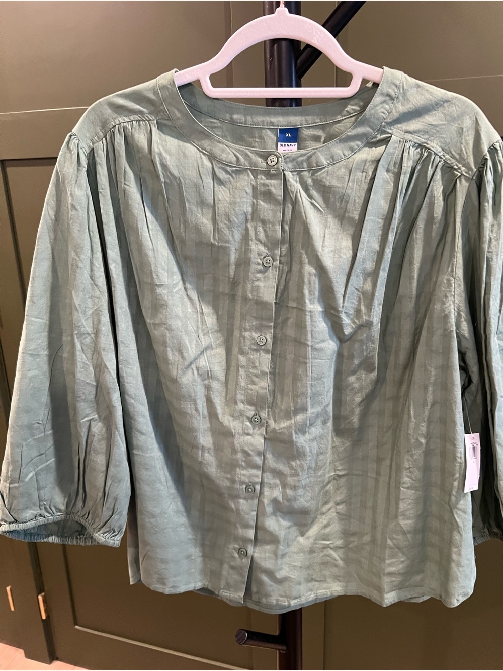 Light Sage Green Button-Front Blouse with Balloon Sleeves